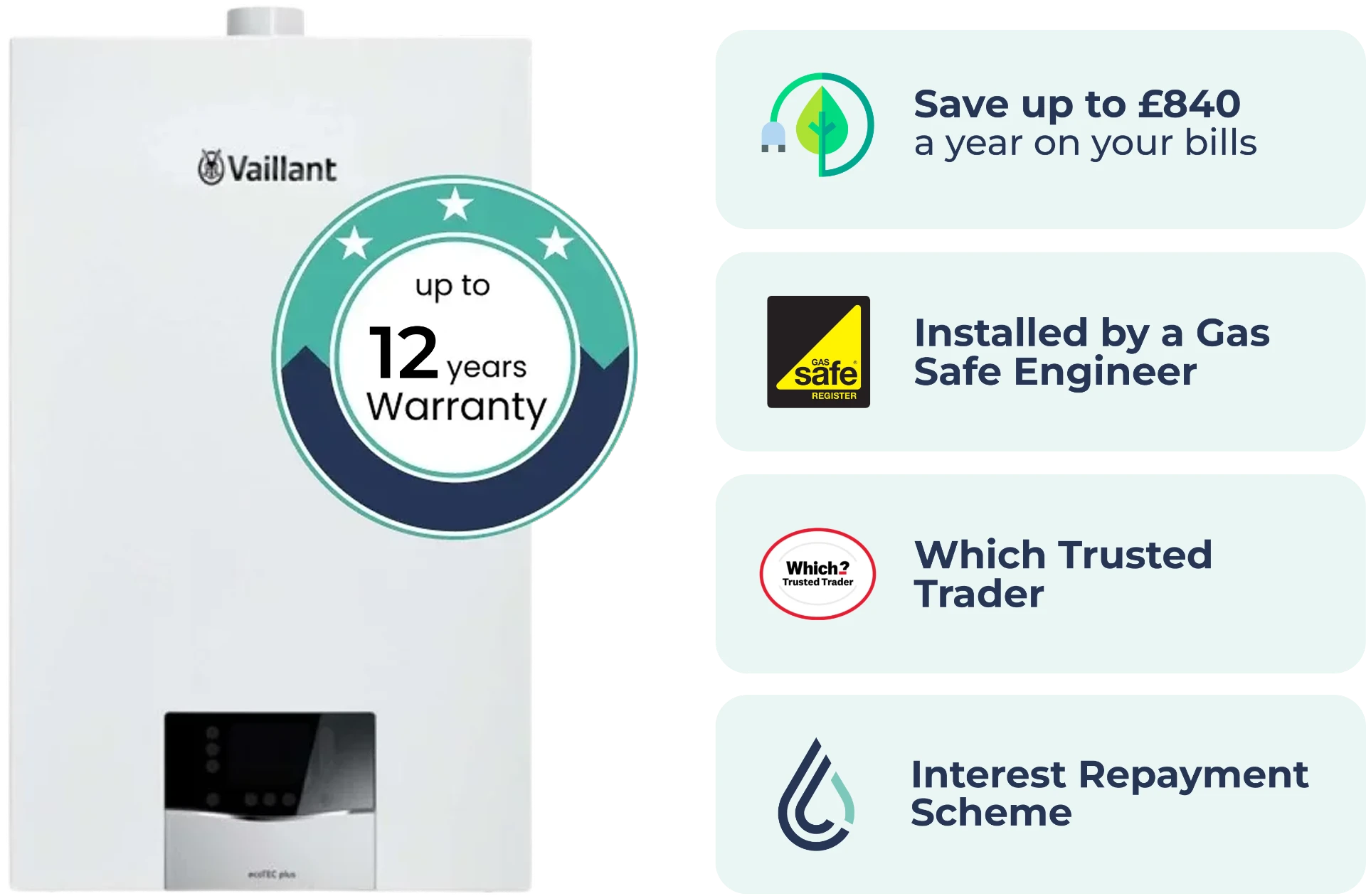 Vaillant boiler with up to 12 years warranty, Gas Safe installation and interest-free repayment options